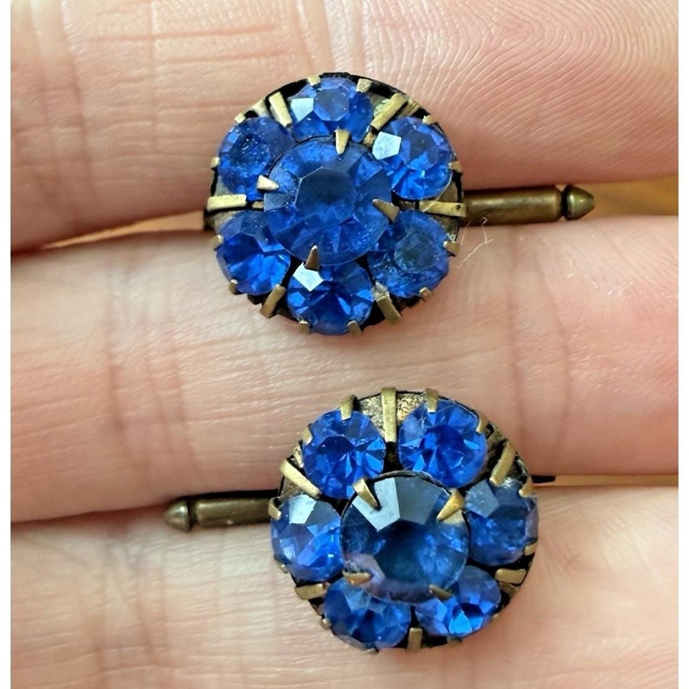 Matched Pair Royal Blue Rhinestone Dress Clips Czech Ornate Vintage Jewelry